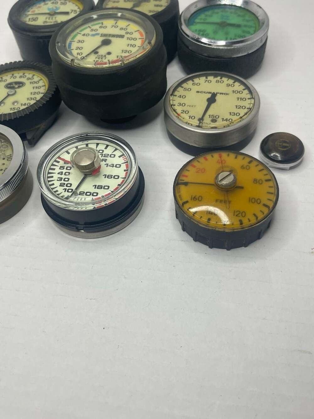 Lot of 9 Vintage Scuba Diving Depth Gauges - Scubapro, Sherwood, Dacor, Oceanic